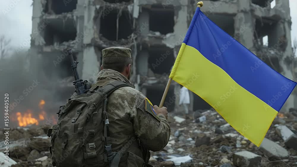 Soldier holding flag amidst ruins of war torn building