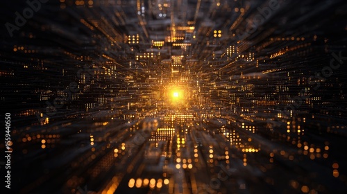Fractal data tunnel made of glowing binary code strands, floating AI core emitting pulsating light waves, chrome particles forming neural network patterns, dark background with subtle blockchain hash 