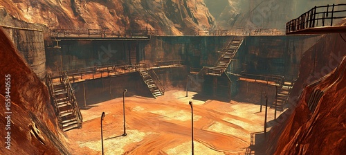 A Deep Mining Pit Surrounded by Strong Safety Barriers Under Bright Sky in an Industrial Work Zone