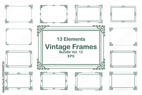 Vintage Decorative Frames Bundle Green on White Background Elegant Elements. Vol 12