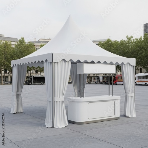 Elegant and Versatile: Clean White Modern Market Tent Mockup with Counter in Public Area for Promotions and Event Exhibitions