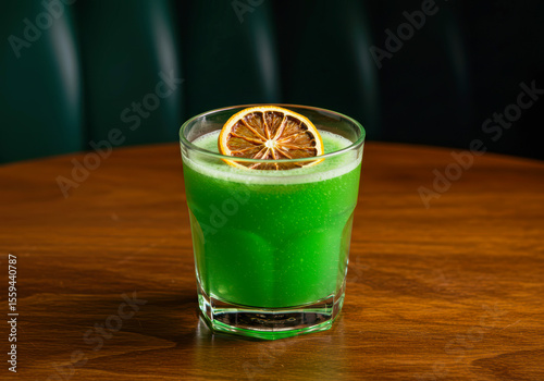 An enchanting emerald cocktail, perfectly poised on a rustic wooden base, softly aglow, promising elegant refreshment.