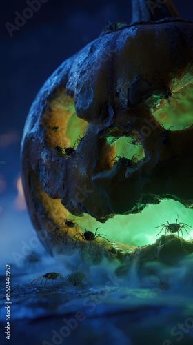 Macro shot of a rotting pumpkin lantern, glowing from within with sickly green light, insects crawling out of eye sockets