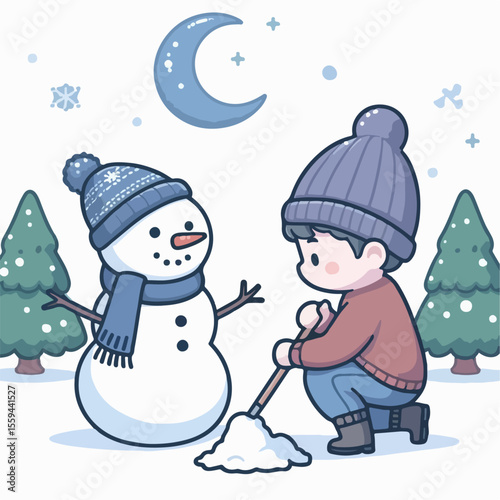 cartoon vector illustration of people playing with snowman