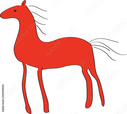 Red rock painting of a horse, full-length, side view, hand drawn with a black brush