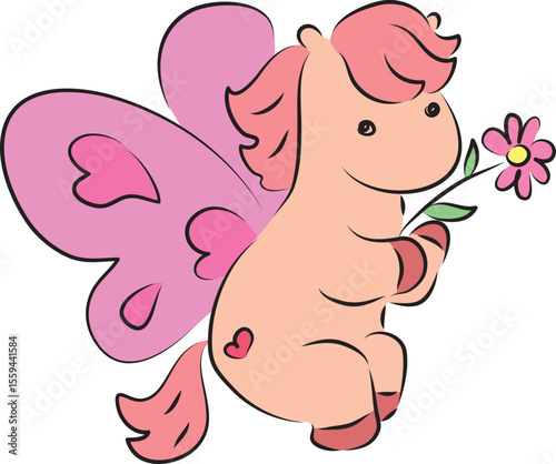 Cute flying pony with big pink butterfly wings holding a flower, hand drawn with a brush using black curving lines