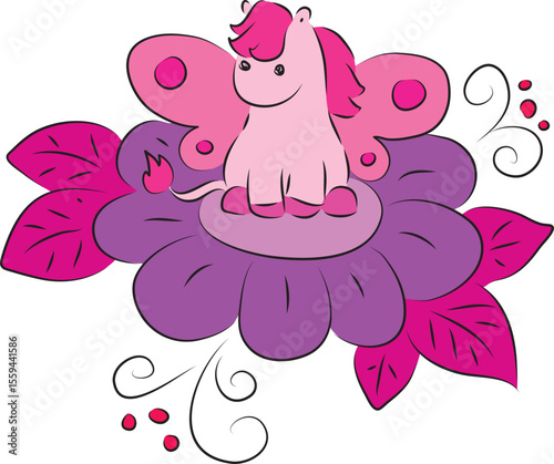Cute little pink pony with pink butterfly wings sitting on a big fairy purple flower, hand drawn with a brush using black curving lines