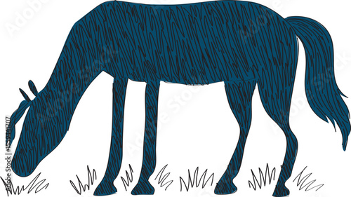 Silhouette of a grazing horse in blue, side view, line drawing, full length, hand drawn with a black brush