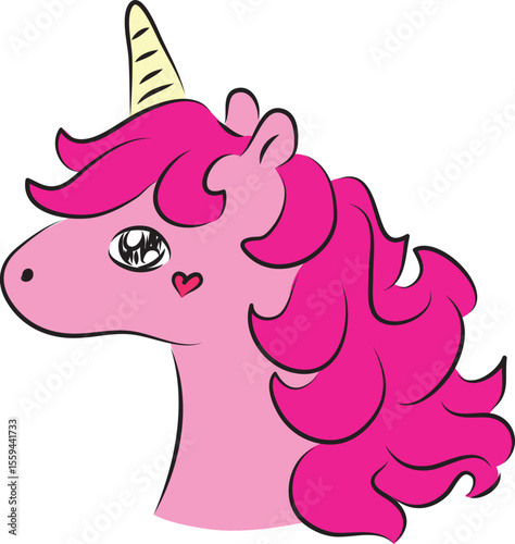 Head of a pink cute unicorn pony with a curly pink mane, side view, hand drawn with a brush using black curving lines