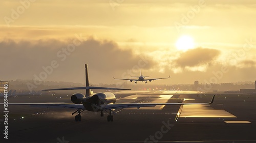 Distant Angle Showing Planes Departing and Arriving on Airport Runway Under Bright Daylight Conditions
