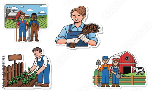 Cheerful Farmers at Work Sticker Collection