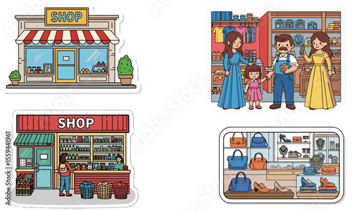 Lively Shopfront and Shopping Scene Stickers