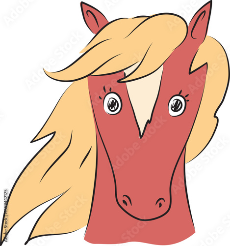 Head of brown horse with beige mane looking at camera in surprise, front view, hand drawn with a brush using black curving lines
