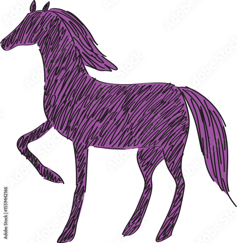 Horse silhouette with raised front leg purple color side view full length line drawing, hand drawn with a black brush