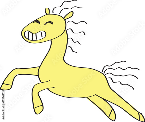 Funny grinning jumping yellow horse as a child's drawing, hand drawn with a black brush