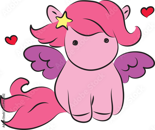 Cute romantic little pink pegasus pony with purple little wings sitting and looking at camera, front view, hand drawn with a brush using black curving lines