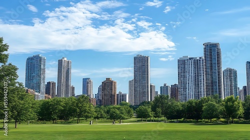 Distant Cityscape Featuring Cluster of High-Rise Apartment Buildings Against a Calm Urban Horizon
