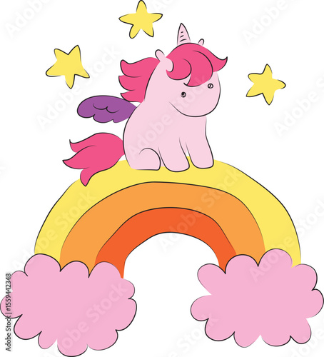 Cute little pink pony unicorn pegasus sitting on orange rainbow coming out of pink clouds among stars, hand drawn with a brush using black curving lines