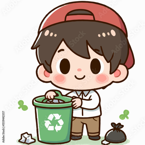 cartoon vector illustration of a child throwing away trash