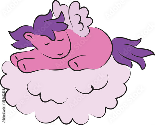 Cute little pink pegasus pony with purple mane sleeping on a fluffy cloud, hand drawn with a brush using black curving lines
