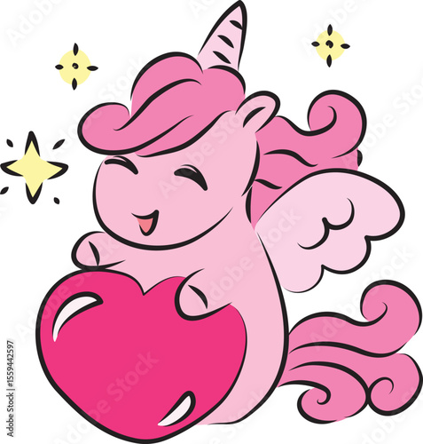 Cute happy little pony pegasus unicorn with curly mane sits next to big pink heart, hand drawn with a brush using black curving lines