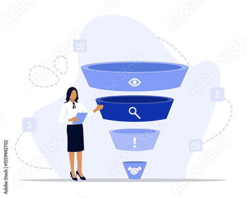Funnel analysis concept illustration. Suitable for landing page, ui, web, App intro card, editorial, flyer, and banner.