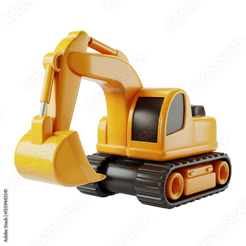 3D yellow excavator construction vehicle with digging bucket