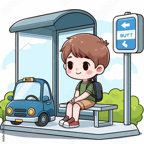 cartoon vector illustration of a child sitting at a bus stop