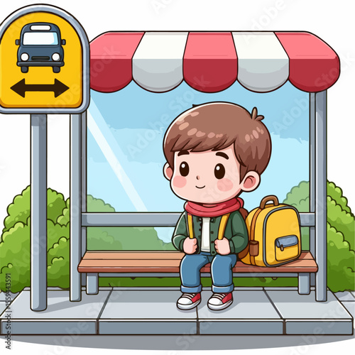 cartoon vector illustration of a child sitting at a bus stop