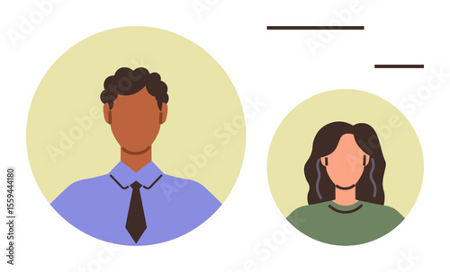 Male and female profiles in minimal style within soft color circles. Ideal for team collaboration, diversity, workplace equality, communication, networking, human resources, corporate identity
