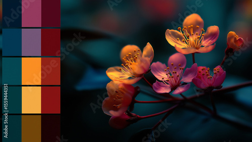 Vibrant cherry blossoms in warm tones against dark, blurred background with color palette on side showcasing complementary hues. scene evokes sense of tranquility and beauty