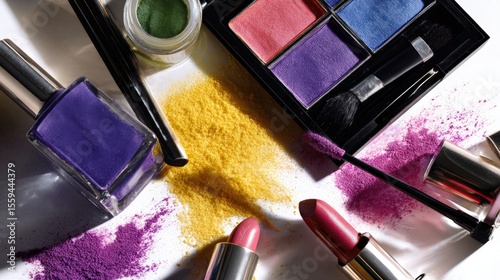 A vibrant arrangement of colorful cosmetics including nail polish, lipstick, eyeshadow, and makeup brushes on a white background.