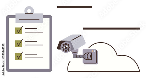 Security camera facing checklist, symbolizing observation, surveillance, data auditing, and compliance. Ideal for security, technology, cloud computing, compliance monitoring auditing and systems