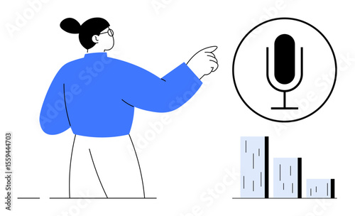 Woman pointing at a circular microphone icon beside a bar graph design. Ideal for communication, podcasting, public speaking, analytics, training, voice technology, and a simple landing page