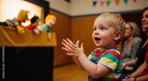 Toddler enjoys a puppet show in a community center during a lively morning event