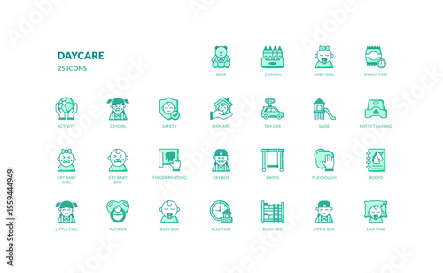 Daycare activity and children icon set for preschool and baby care