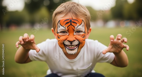 Child with tiger face paint playing in the park during a sunny afternoon