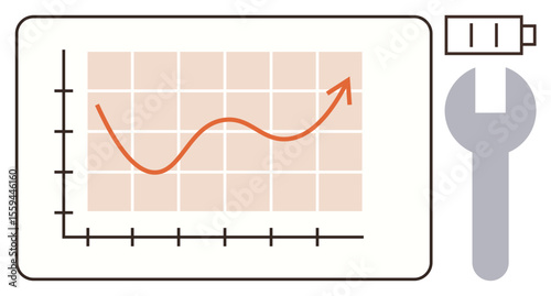 Line graph on grid board with upward trend, wrench, and battery indicator symbolizing growth, optimization, and energy. Ideal for progress, analysis, innovation, maintenance strategy productivity