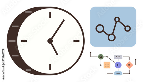Clock representing time, connected neural network symbols, and AI-driven process flowchart. Ideal for time management, AI, workflow optimization, planning, technology, data and digital