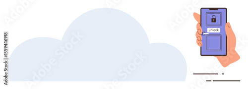 Hand holding smartphone using unlock feature for cloud storage access. Ideal for cybersecurity, technology, cloud computing, data access, online privacy, digital security, remote storage. Simple flat