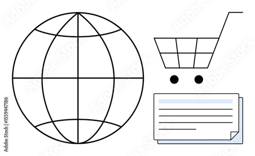 Globe, shopping cart, and document representing global commerce, e-commerce, and digital payments. Ideal for business, trade, technology, globalization internet retail connection simple flat