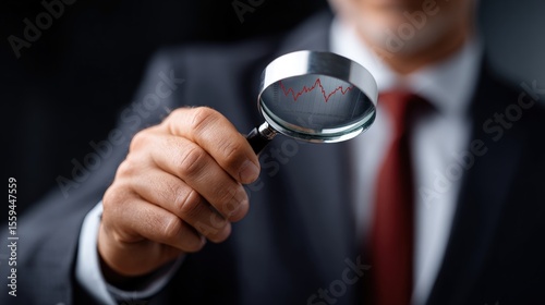 A businessman in a suit holds a magnifying glass showing a red financial chart, symbolizing analysis and scrutiny in business and finance.