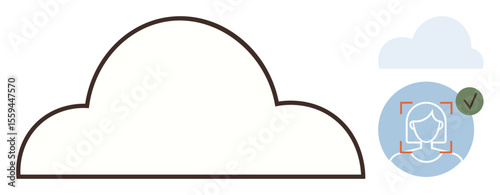 Large cloud outline with biometric face recognition circle showing face scan and green checkmark. Ideal for digital security, technology, cloud storage, online safety, identity verification, data