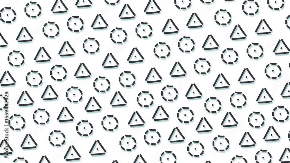 Triangles and circles with broken outlines and dots in the center of the figures move in a common mass across the screen.