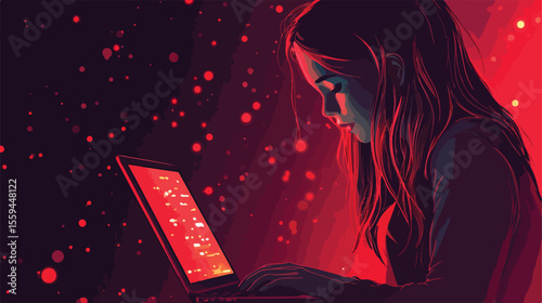 Young Woman Using Laptop for Internet Browsing in Flat Vector Design