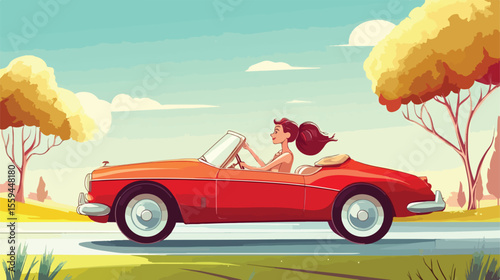 Girl Driving Vintage Car in Cartoon Design