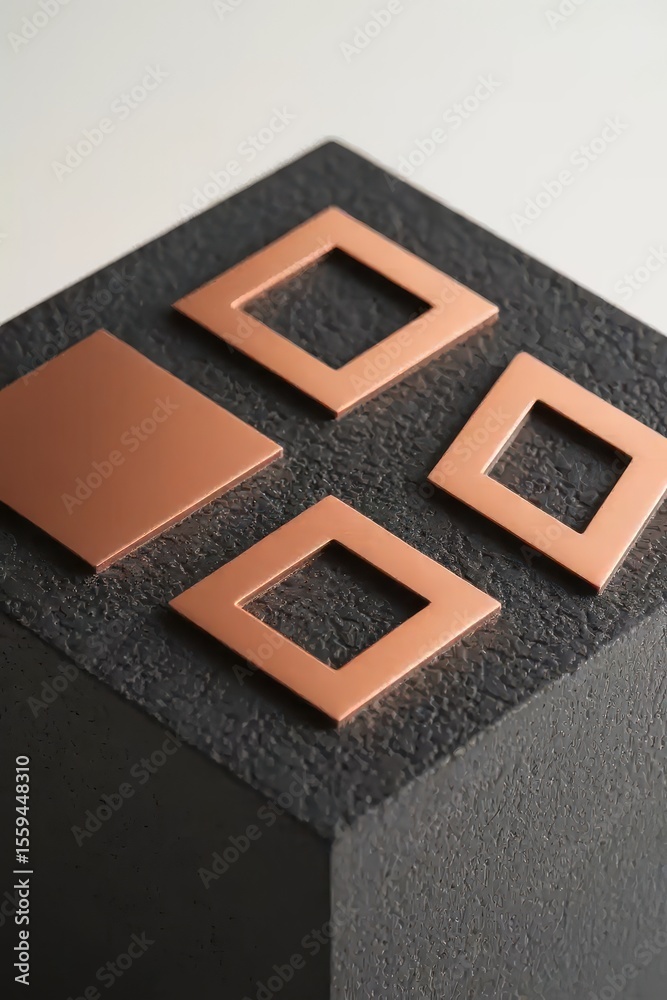 Fototapeta premium Artistic arrangement of geometric copper shapes on a textured dark surface