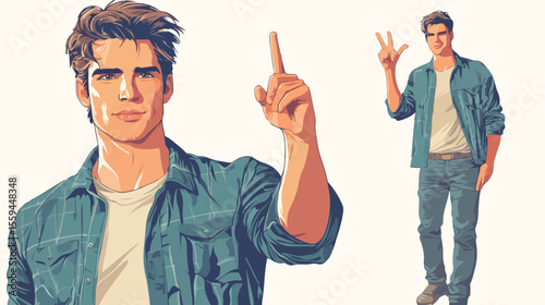 Confident Young Man Gesturing Hand Signal in Flat Style
