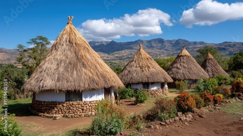 Traditional round huts with thatched roofs in a rural landscape, surrounded by colorful flowers and mountains under a clear blue sky.