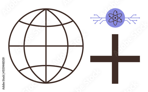 Geometric globe representing global connectivity, atomic structure symbolizing science and technology, and a plus sign for positivity and collaboration. Ideal for innovation, research, future